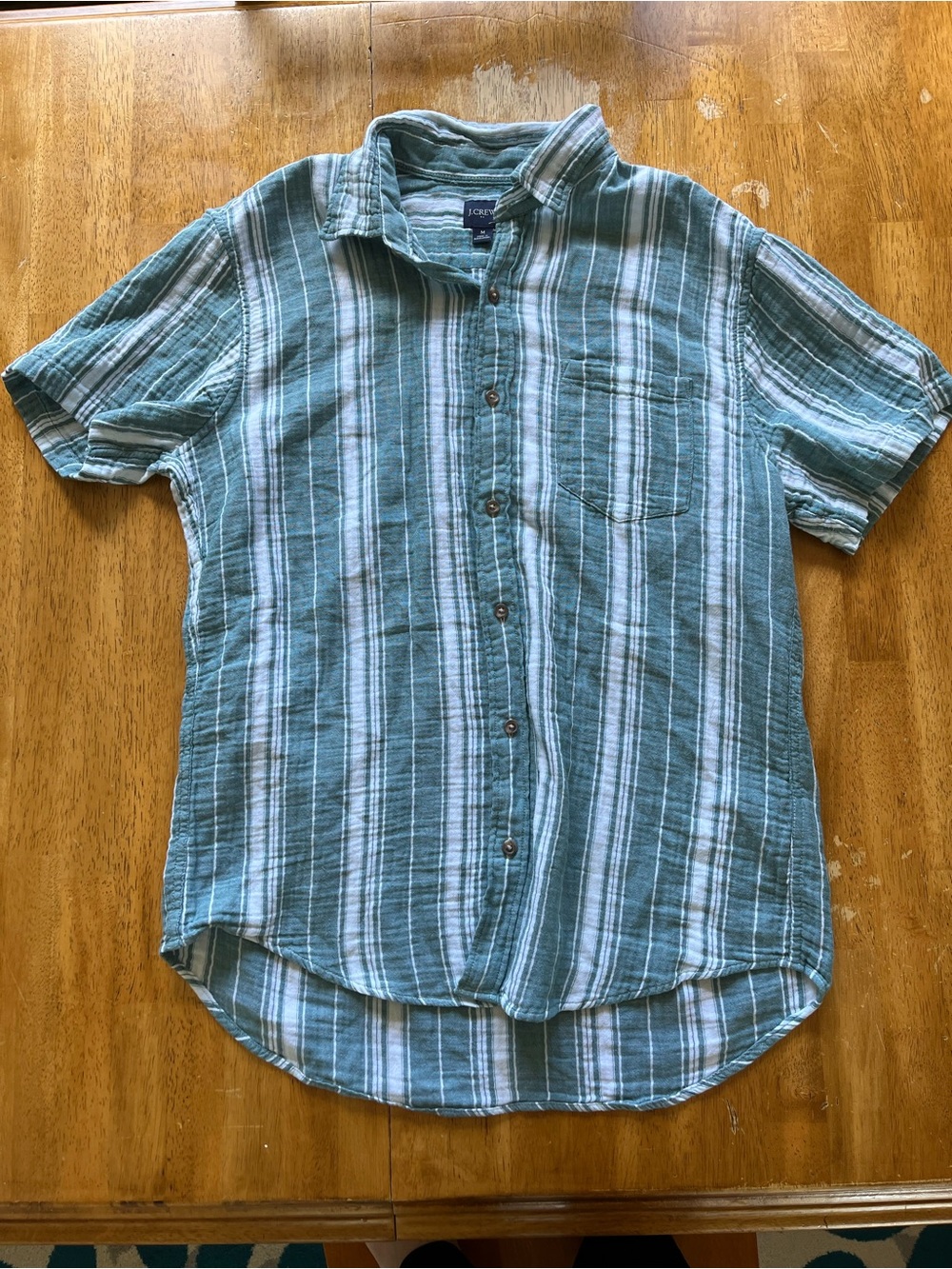 J. Crew Green and White Striped Short-Sleeve Button-Down Shirt